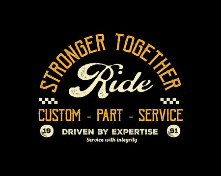 Vintage-style Ride Custom Part Service emblem with checkered fla