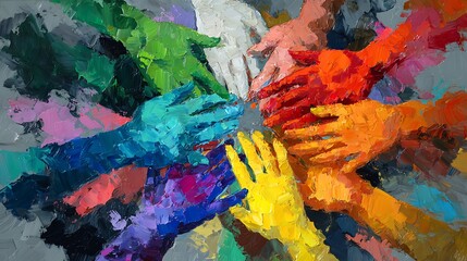 Rainbow Colored Hands In Abstract Oil Painting Style circle unity Photo