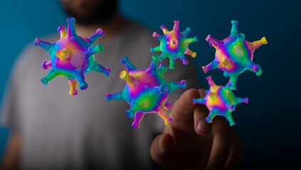 Abstract colorful illustration of a hand touching a 3D rendered coronavirus. Concept for pandemic,...
