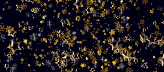 Festive background with golden stars and snowflakes on a deep blue surface. Perfect for holiday greetings, celebrations, © vegefox.com