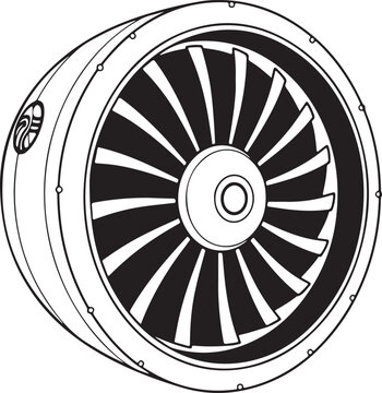 Technical line drawing of aircraft turbofan jet engine isolated