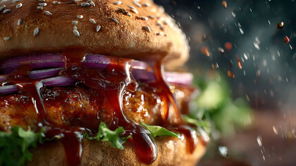 Burger with dripping sauce, cinematic lighting, detailed appetizing fast food shot