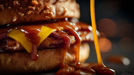 Burger with dripping sauce, cinematic lighting, detailed appetizing fast food shot