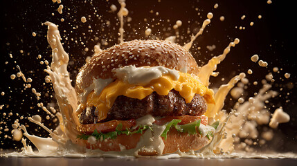 Burger with flying ingredients, sauce splash, motion effect, dynamic fast food concept