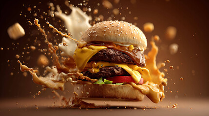 Burger with flying ingredients, sauce splash, motion effect, dynamic fast food concept