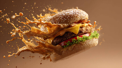 Burger with flying ingredients, sauce splash, motion effect, dynamic fast food concept