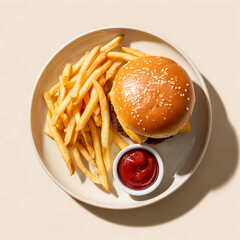 Burger with fries on a plate, golden fries texture, delicious fast food meal