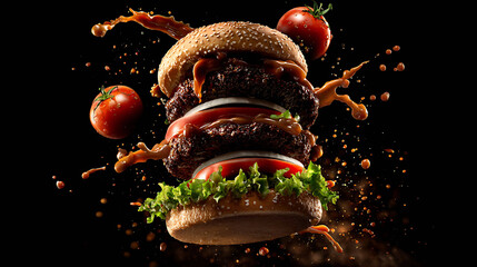 Burger with flying ingredients, sauce splash, motion effect, dynamic fast food concept