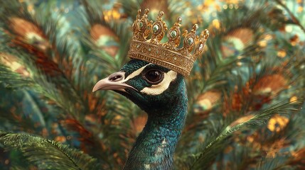 Regal Peacock Wearing a Golden Crown with Ornate Details bird royal Photo