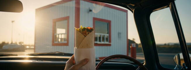 2026 Satirical Diner aesthetic: unbranded wrap and abstract drive-thru architecture in Los Angeles sunset light with medium-wide framing.