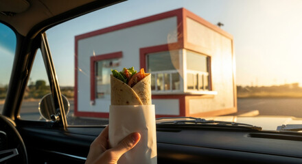 2026 Satirical Diner aesthetic: unbranded wrap and abstract drive-thru architecture in Los Angeles sunset light with medium-wide framing.