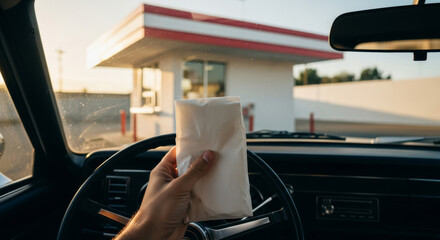 High-grit LA lifestyle: holding a plain white food sleeve in a classic car, featuring long shadows and authentic vintage interior textures.