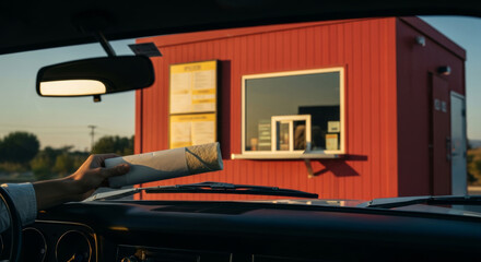 POV from a vintage car in LA, holding a generic wrap toward a red drive-thru kiosk in warm golden hour light.