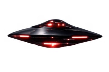 Ufo spaceship showing advanced alien technology with red lights, flying saucer, extraterrestrial vehicle on transparent background