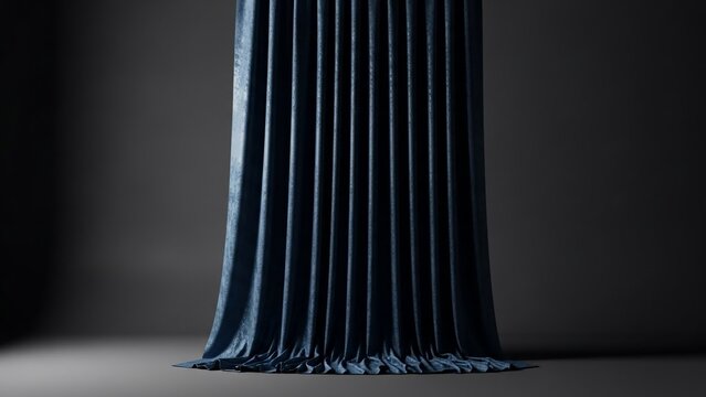 A blue curtain hangs elegantly in a dimly lit room with a spotlight on the floor