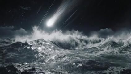 Dramatic impact of a large meteor crashing into a stormy ocean at night.