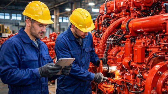 Two male technician repairing and inspecting the big diesel engine inside the factory.

