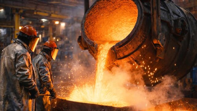 Liquid steel is poured from a metallurgical ladle. Industrial, manufacturing, foundry, steel production, metalworking, and factory concepts.

