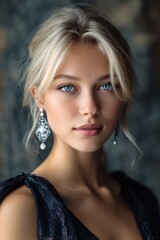 close-up portrait of a young blonde woman with blue eyes. she is wearing earrings and an elegant dress, and has beautiful makeup