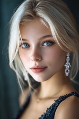 close-up portrait of a young blonde woman with blue eyes. she is wearing earrings and an elegant dress, and has beautiful makeup