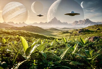 UFO spaceship activity in a lush field under multiple planets and moons during daylight