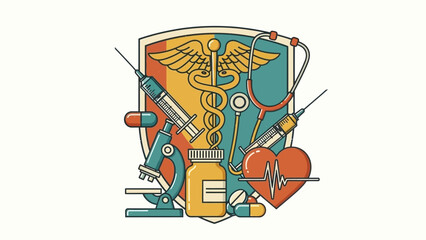 Medical Illustration Featuring Syringe, Medicine, Caduceus, Heart, and Stethoscope