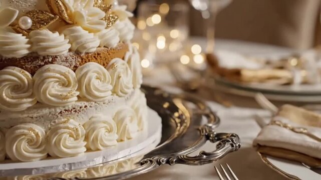 Elegant cream cake displayed on silver platter for special occasion  