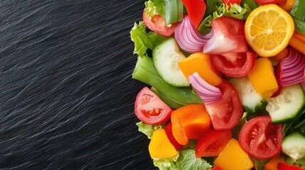 Salad Delight: A vibrant and colorful medley of fresh, raw vegetables artfully arranged. An enticing, wholesome dish perfect for health-conscious food lovers.