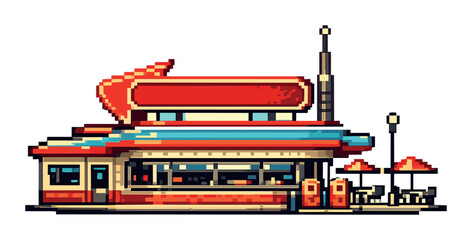 Retro pixel art diner with neon sign and outdoor seating