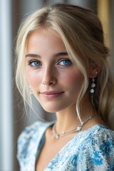 close-up portrait of a young blonde woman with blue eyes. she is wearing earrings and an elegant dress, and has beautiful makeup