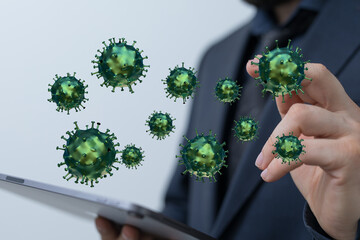 Concept image of a businessman surrounded by floating viruses, representing disease, digital...