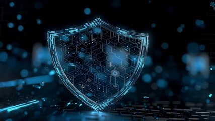 A glowing, futuristic digital shield made of blue geometric patterns and circuits, symbolizing cybersecurity and data protection. - Powered by Adobe