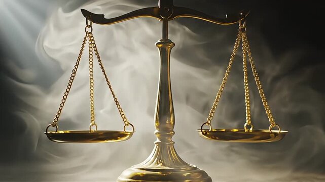 Golden Scales of Justice Symbolizing Law and Balance in a Smoky Environment.