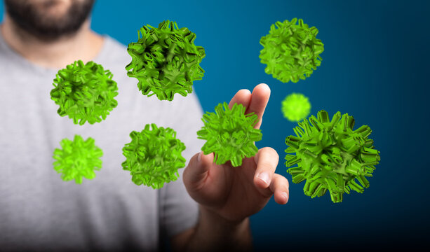 Conceptual image of a man touching floating virus particles, representing health, disease, and the spread of i - Powered by Adobe