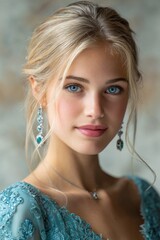 close-up portrait of a young blonde woman with blue eyes. she is wearing earrings and an elegant dress, and has beautiful makeup