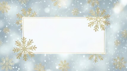 Golden snowflakes with blank frame on blue snowy background. Winter holiday greeting card design for Christmas and New Year. - Powered by Adobe