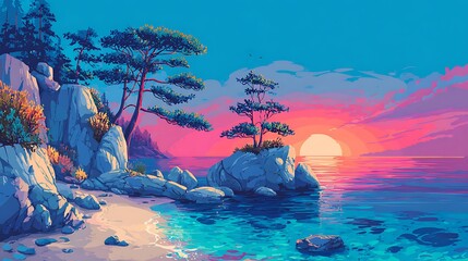 Serene Coastal Landscape With Rocky Shoreline And Pink Sunset beach ocean Photo