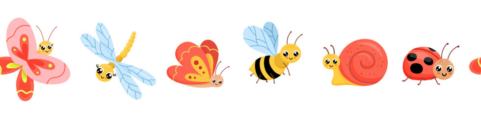 Seamless border with cute bugs. Childish endless pattern isolated on white background, ladybug, butterfly, dragonfly © Elena