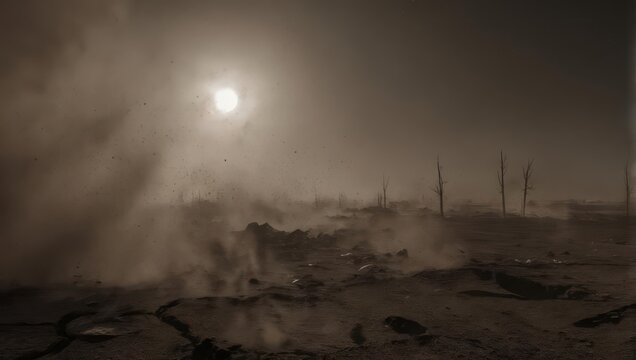 Dusty landscape with sun obscured by haze, creating an ominous atmosphere.
