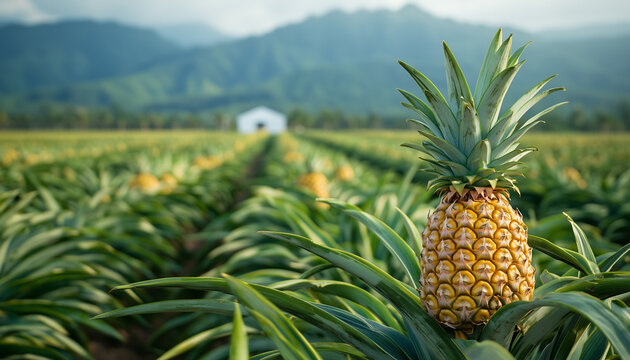 Pineapple field with ripe golden fruit rows extending to distant mountains at sunset