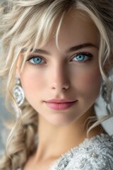 a young woman with blonde hair and blue eyes, soft focus, natural lighting, a dreamy look on her face