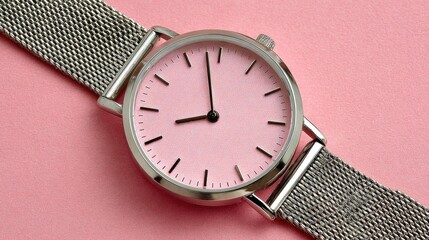 Minimalist analog wristwatch with a pink face rests on a textured rosy background