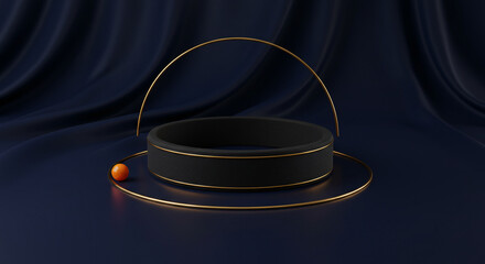 Elegant 3D Rendering: Black Stand with Gold Accents on a Blue Background