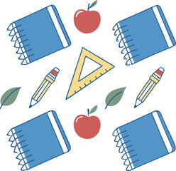 Cute Back to School Seamless Pattern with Books, Pencil, Apple and Ruler