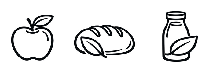 Minimalistic icons of apple, bread, and milk with leaf motif on dark background