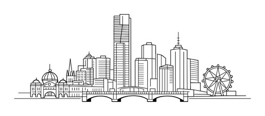 Black and white skyline of melbourne featuring iconic landmarks and yarra river bridge