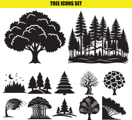 Obraz premium Tree icons set black silhouettes plant forest element pine forest fir wood nature park garden plants collection