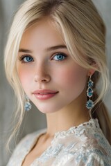 a young woman with blonde hair and blue eyes, soft focus, natural lighting, a dreamy look on her face