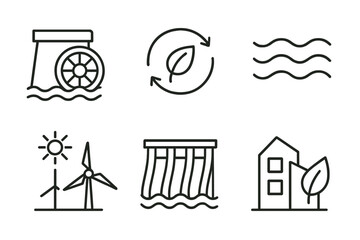 Eco-friendly energy icons: wind, solar, water turbine, recycling, sustainability