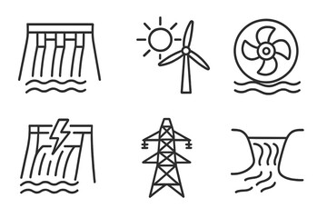 Renewable energy icons: wind turbine, solar power, hydro power, electricity generation